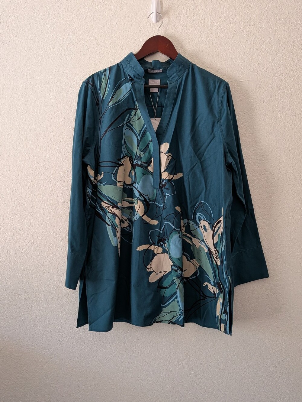NWT Chicos No Iron Tunic Button Up Cotton Long Sleeve Turquoise Floral Sz 3/XL